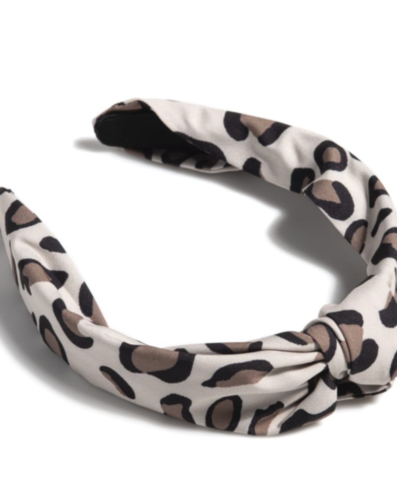 Front of a size None Annalise Knotted Leopard Headband in Stone by Shiraleah. | dia_product_style_image_id:242864